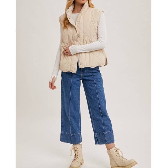 Button Down Quilted Puffer Vest with Pockets Creamy Beige - Picture 12 of 12